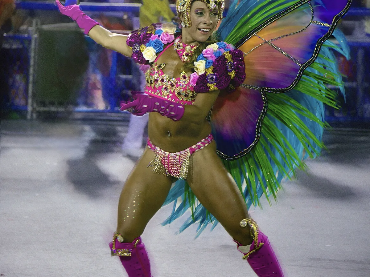 A butterfly-costumed dancer at Rio de Janeiro's Carnival parade